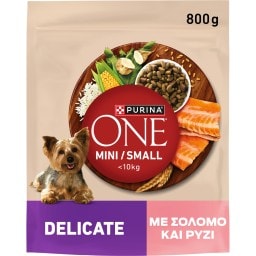 PURINA ONE | Σκυλοτροφή Delicate Mini Σολομός και Ρύζι 800g