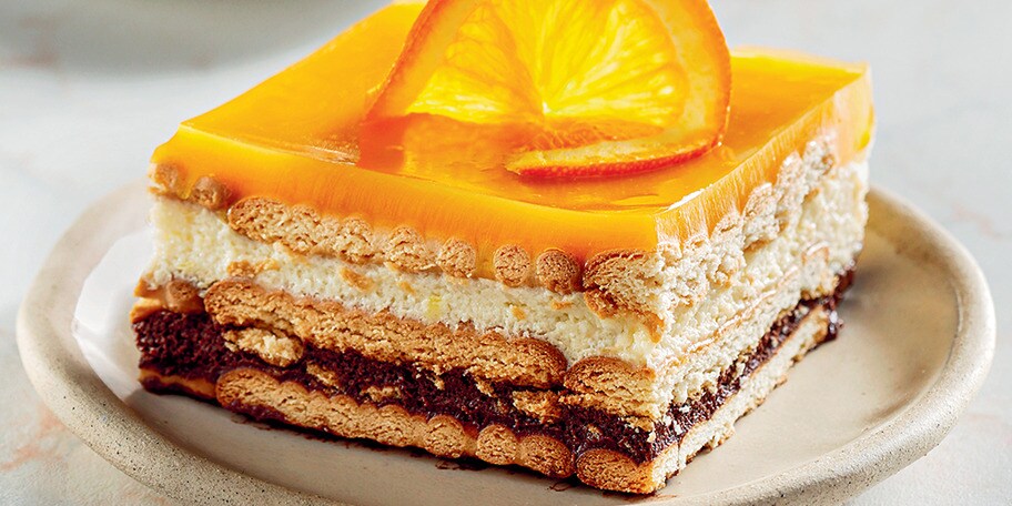 Γλυκό ψυγείου με μπισκότα, κρέμα βανίλια-σοκολάτα και ζελέ πορτοκάλι